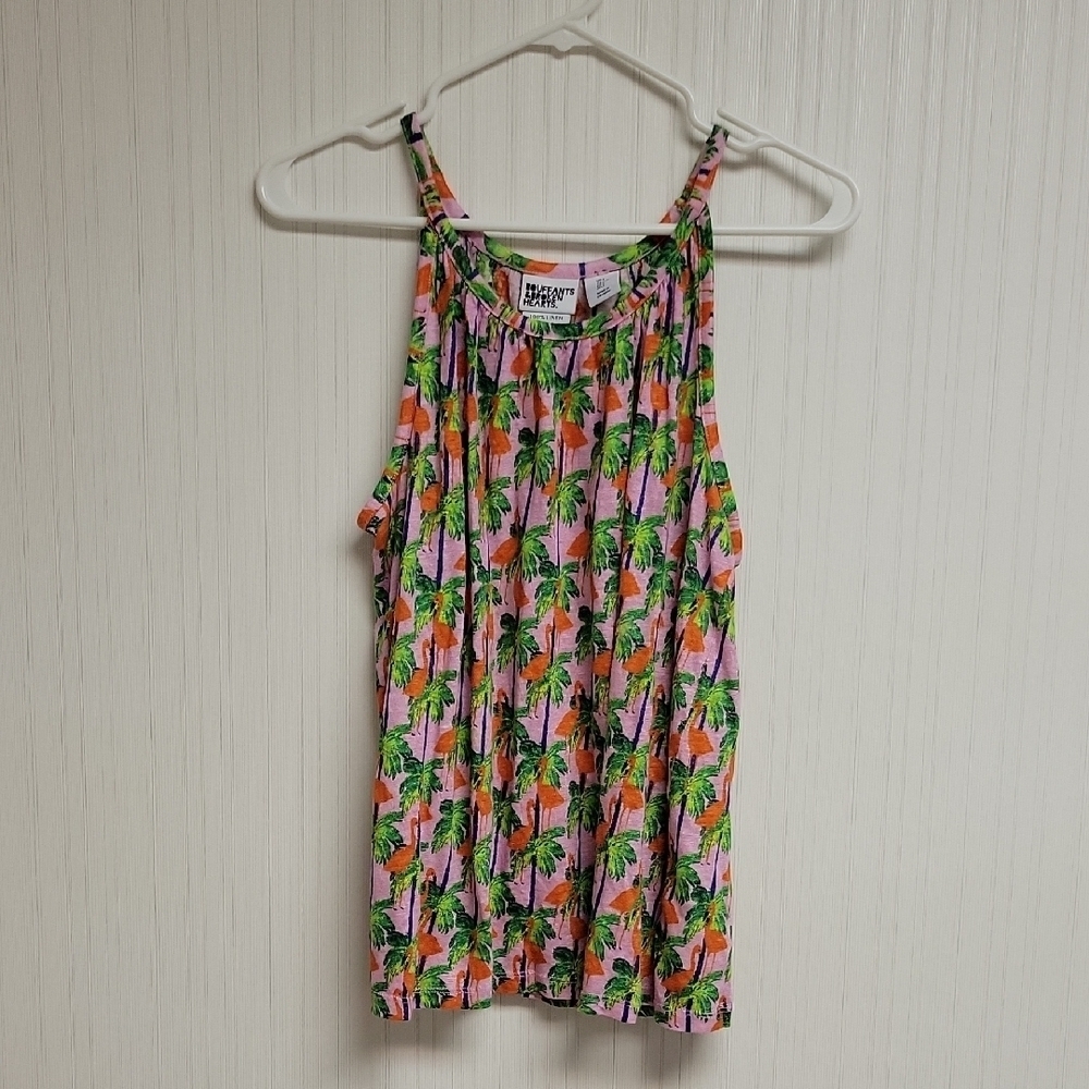 Bouffants & Broken Hearts Pink Linen Top Orange Flamingos Large coastal colorful